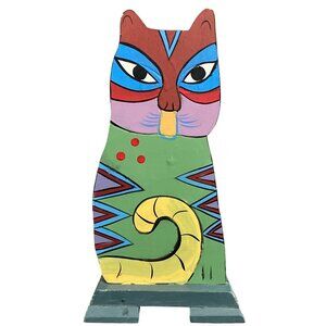 Hand-Painted Wooden Cat Figurine With Vibrant Geometric Pattern Whimsical 10 x 5